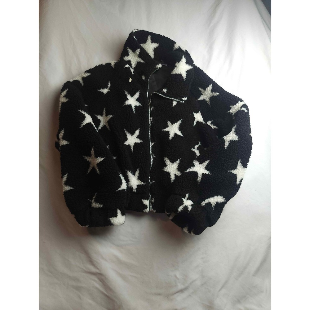 HYFVE Black White Star Print Sherpa Fleece Full Zip Jacket Small